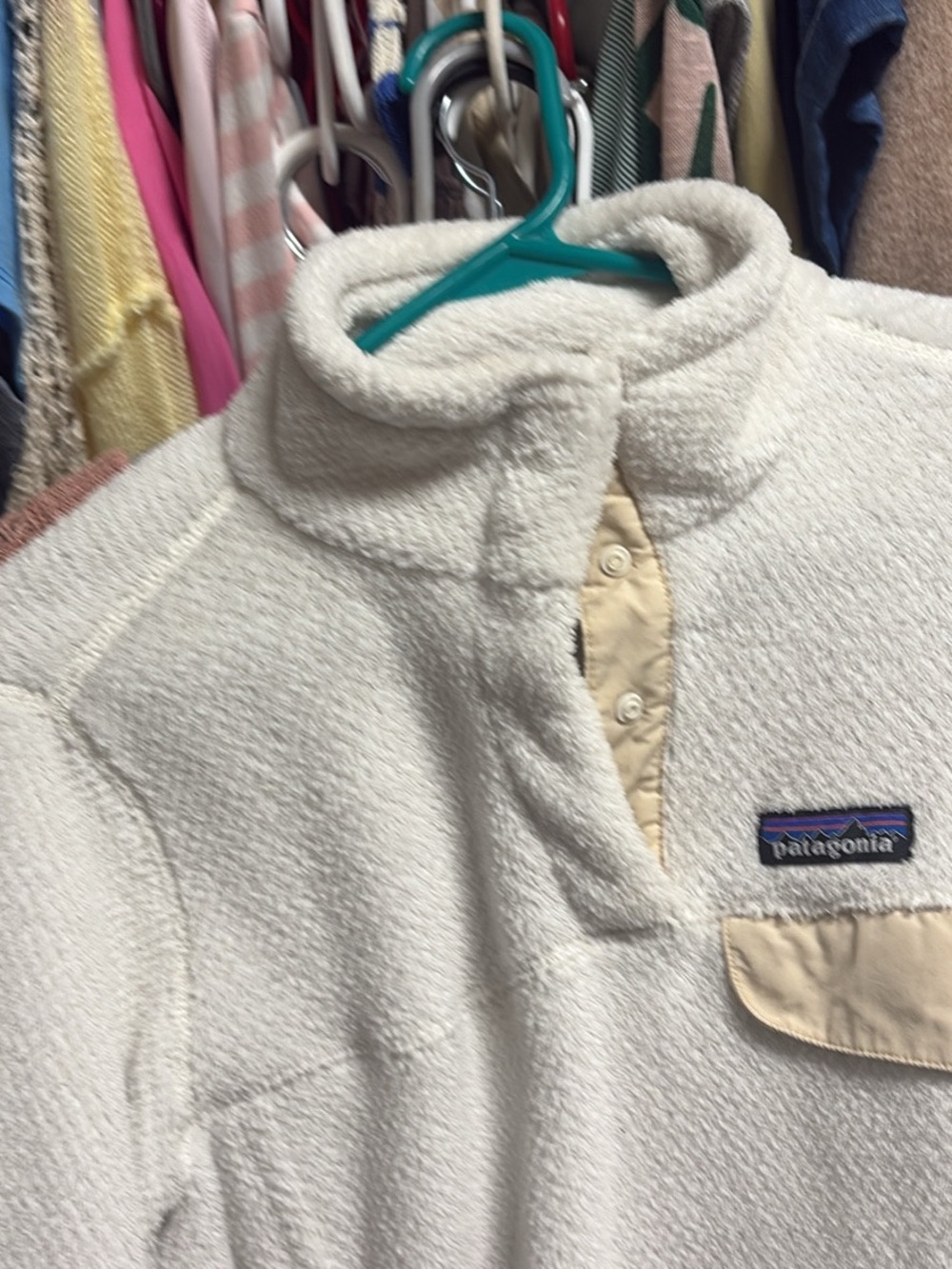 Patagonia Women's Cream Sherpa Pullover with Beige Snap Placket
